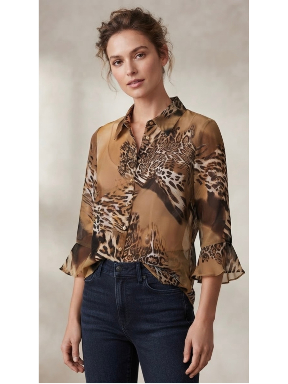 Essentials by Milano Leopard Print Blouse Large Chiffon Ruffle Sleeve Mobwife